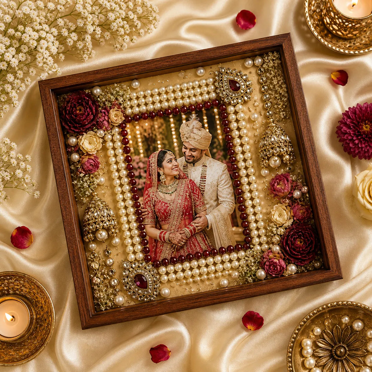Decorative frame with jewelry and flowers, featuring a couple in traditional attire on a satin surface.