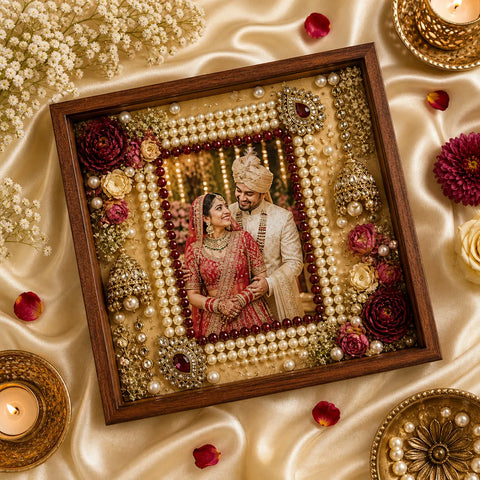 Decorative frame with jewelry and flowers, featuring a couple in traditional attire on a satin surface.