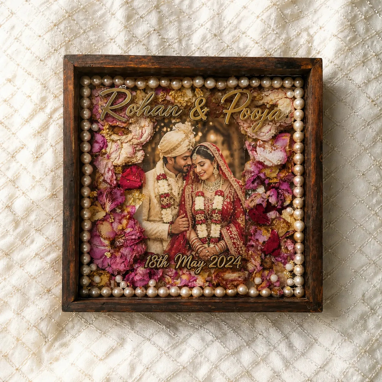 customized resin wedding photo frame half pour 25mm thick with floral design and pearl border couple photo keepsake