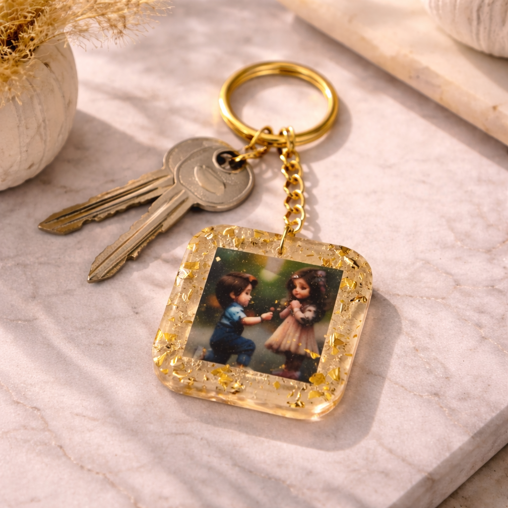 Keychain with a photo of two children on a marble surface