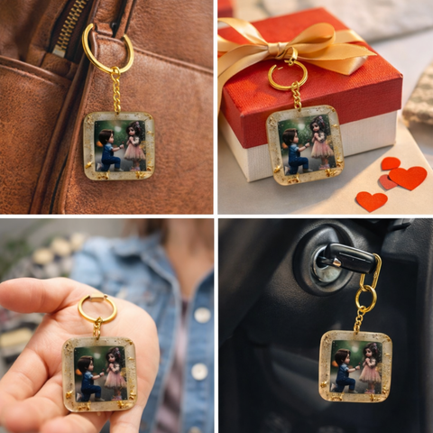 Keychain with photo of two children on a bag, gift box, and car door handle.
