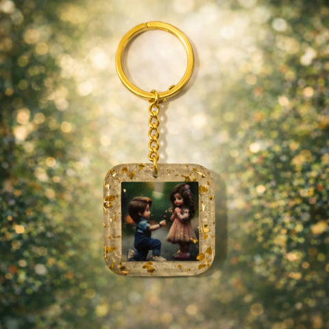 Cute couple proposal square resin photo keychain with gold flakes, handmade personalized romantic gift keepsake