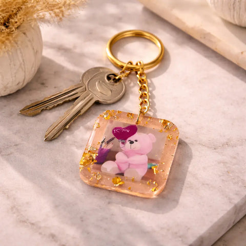 Square Resin Teddy Bear Keychain with Gold Flakes & Love Detail