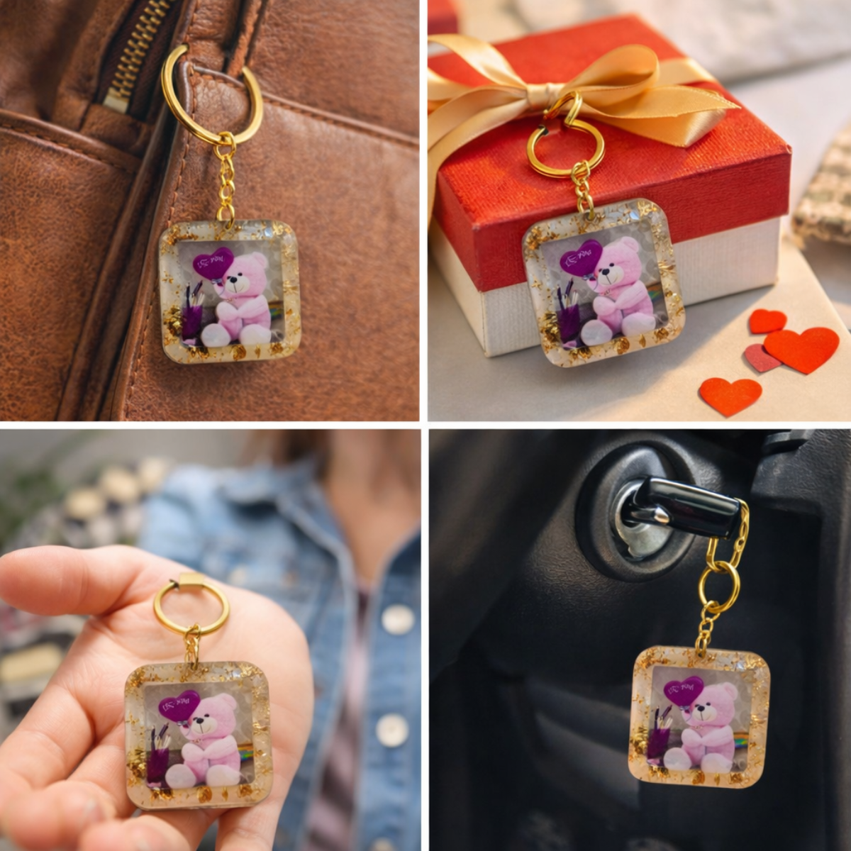 Collage of a keychain with a teddy bear and heart design, shown in various contexts.