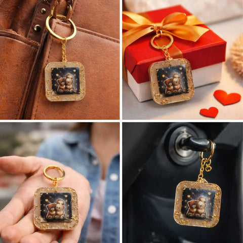 Keychain with teddy bear design attached to a bag, gift box, and car ignition.