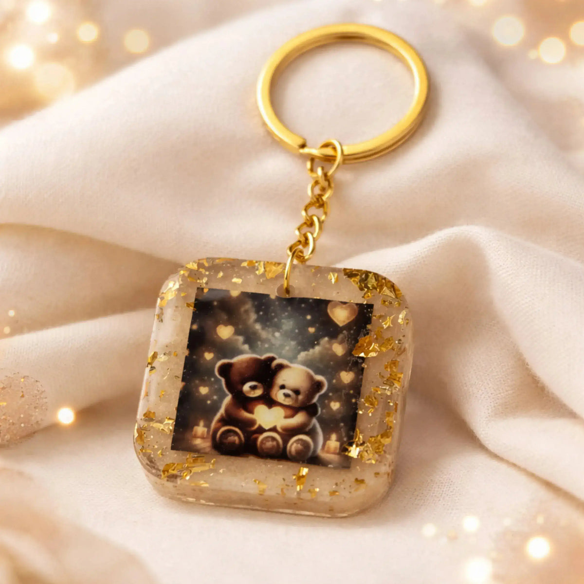 Custom photo resin keychain with teddy couple design, square shape with gold flakes, cute personalized gift
