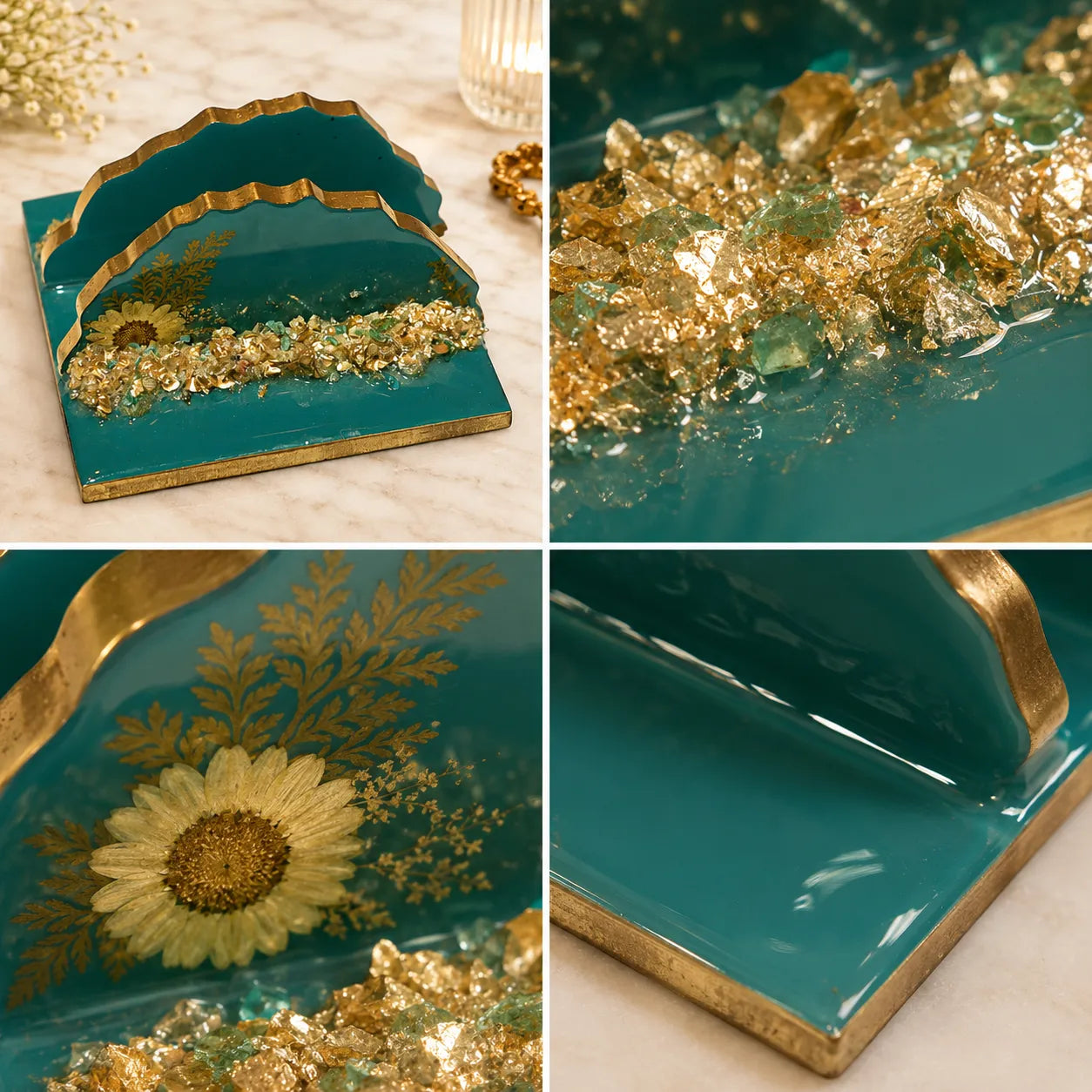 Teal decorative tray with gold accents and floral design on a light background