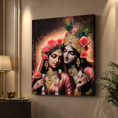 Canvas print of two figures adorned with jewelry and flowers on a wall.