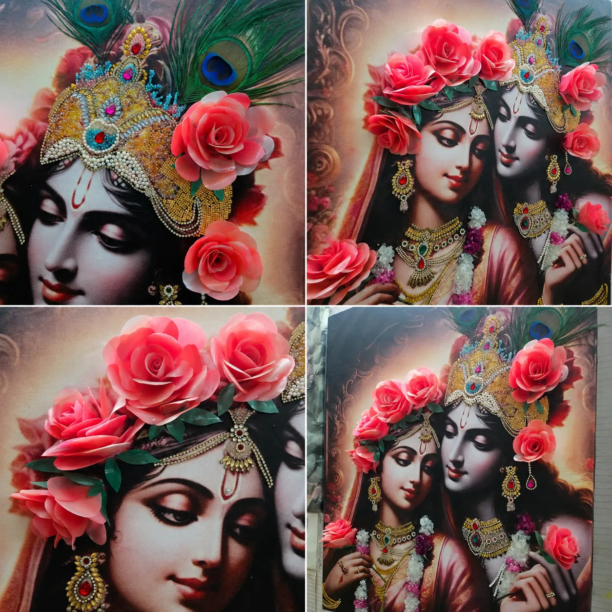 Collage of four images featuring a couple with floral and jewelry details.