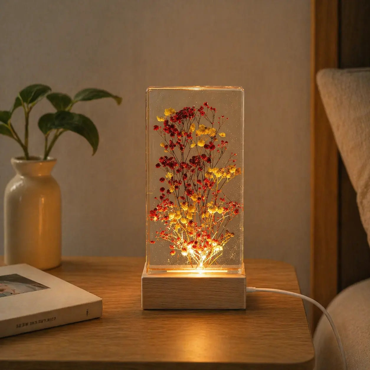 Decorative lamp with glowing flowers on a wooden surface next to a plant and book.
