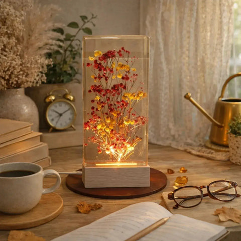 Decorative lamp with glowing flowers on a table with a cup of coffee, books, and glasses.