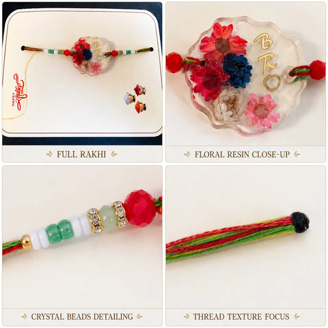 Collage of a Rakhi with floral resin close-up, crystal beads detailing, and thread texture focus.