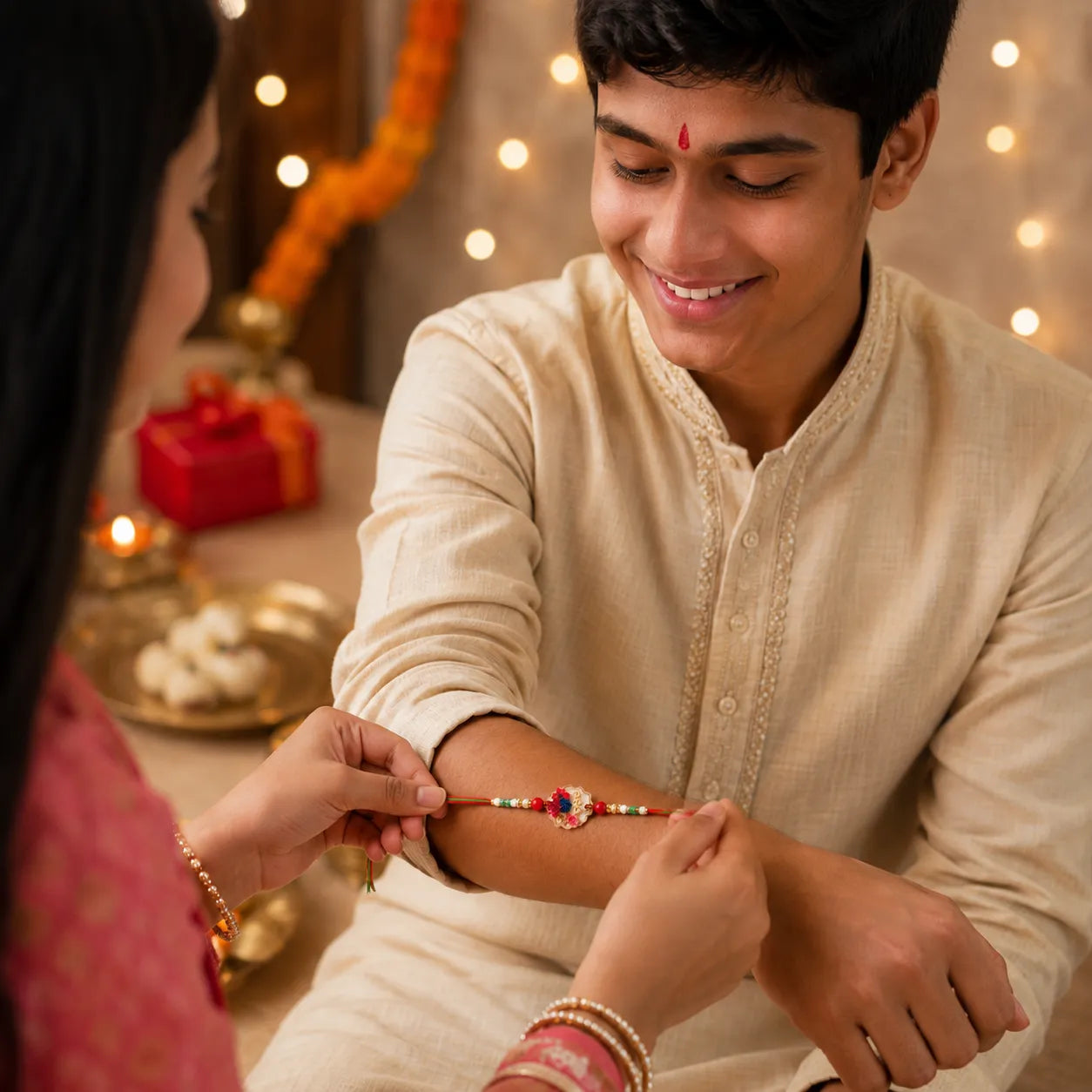 Two people exchanging a Rakhi, a traditional symbol of love and brother-sister bond, during a festive setting.