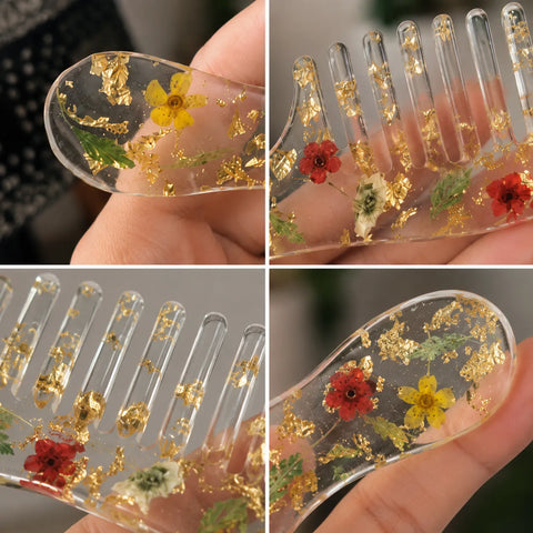 Collage of nail art with flowers and gold flakes on clear resin.