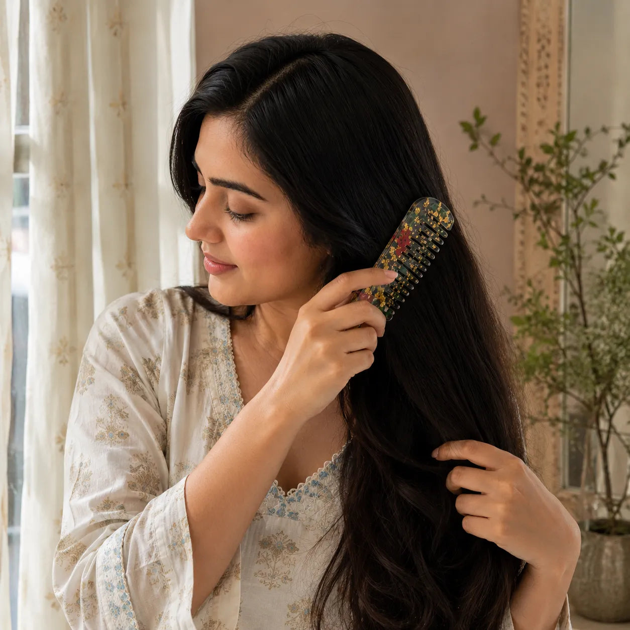 Woman brushing her long hair in a room with curtains and plants