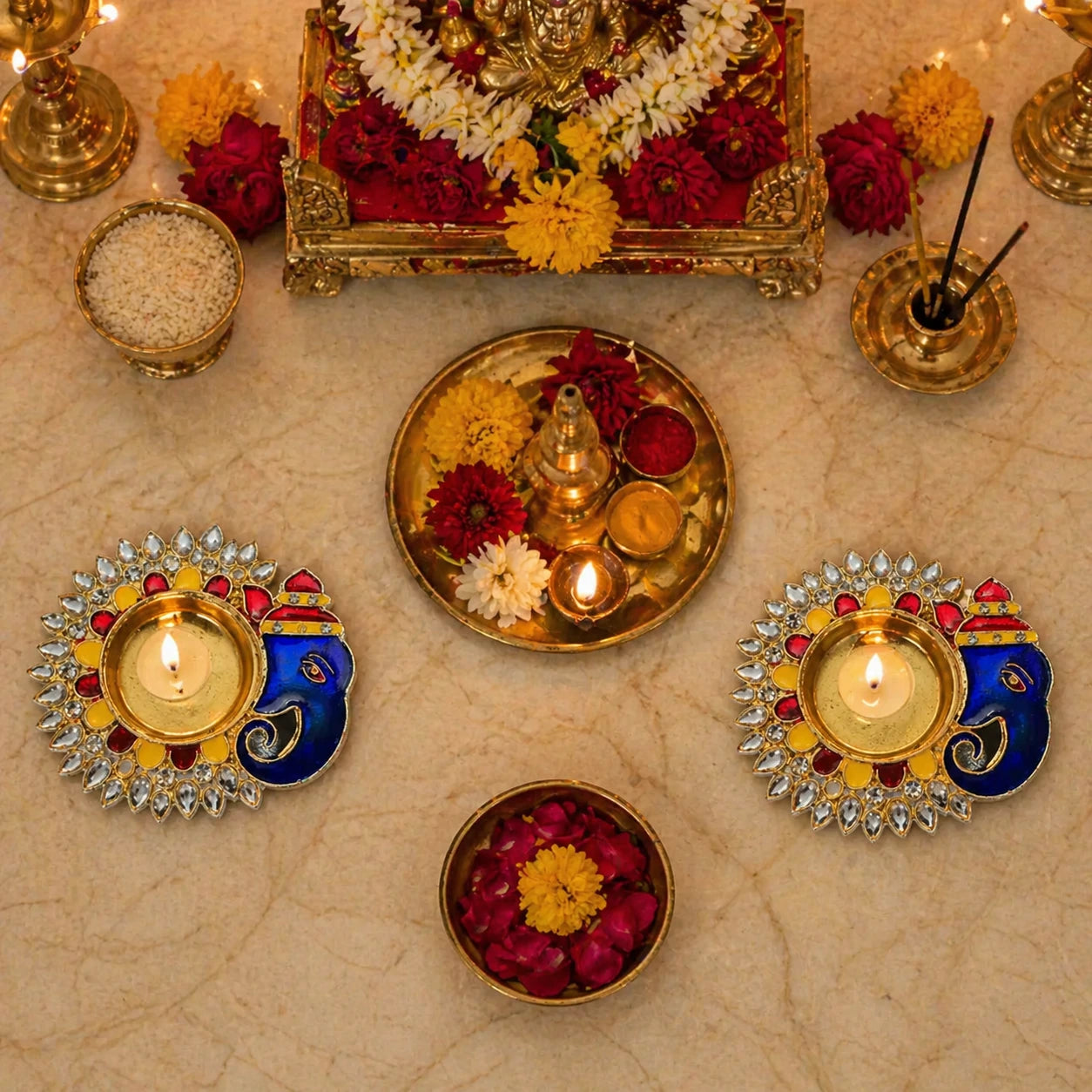 Decorative setup with lit candles, flowers, and a decorative tray on a beige surface.