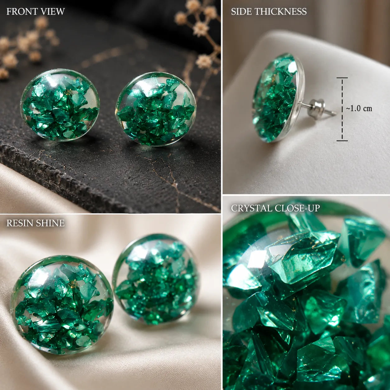 Handmade emerald green crystal resin stud earrings collage showing front view, side thickness, glossy resin shine, and crystal close-up detailing