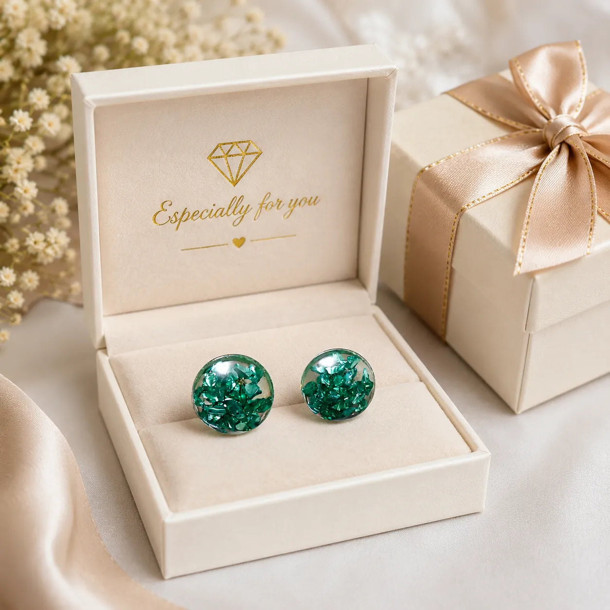 Green earrings in a jewelry box with a decorative box in the background