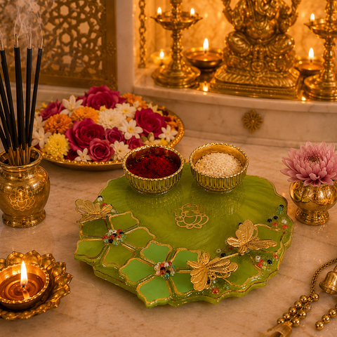 Decorative setting with gold and green items, including flowers and a lit candle, on a marble surface.