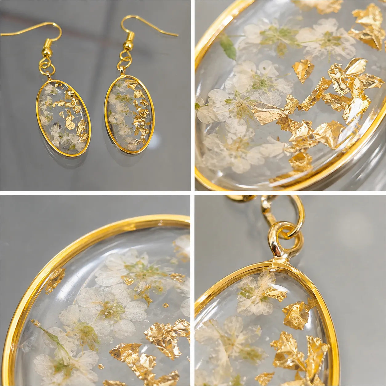 Close-up collage of floral resin oval drop earrings with white dried flowers, gold flakes, transparent glossy finish, and elegant gold border detailing