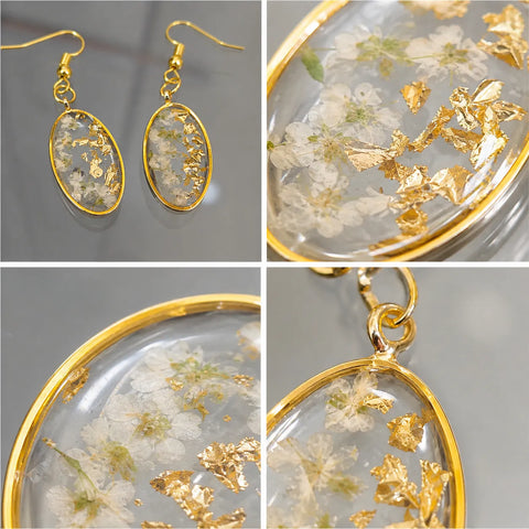 Close-up collage of floral resin oval drop earrings with white dried flowers, gold flakes, transparent glossy finish, and elegant gold border detailing