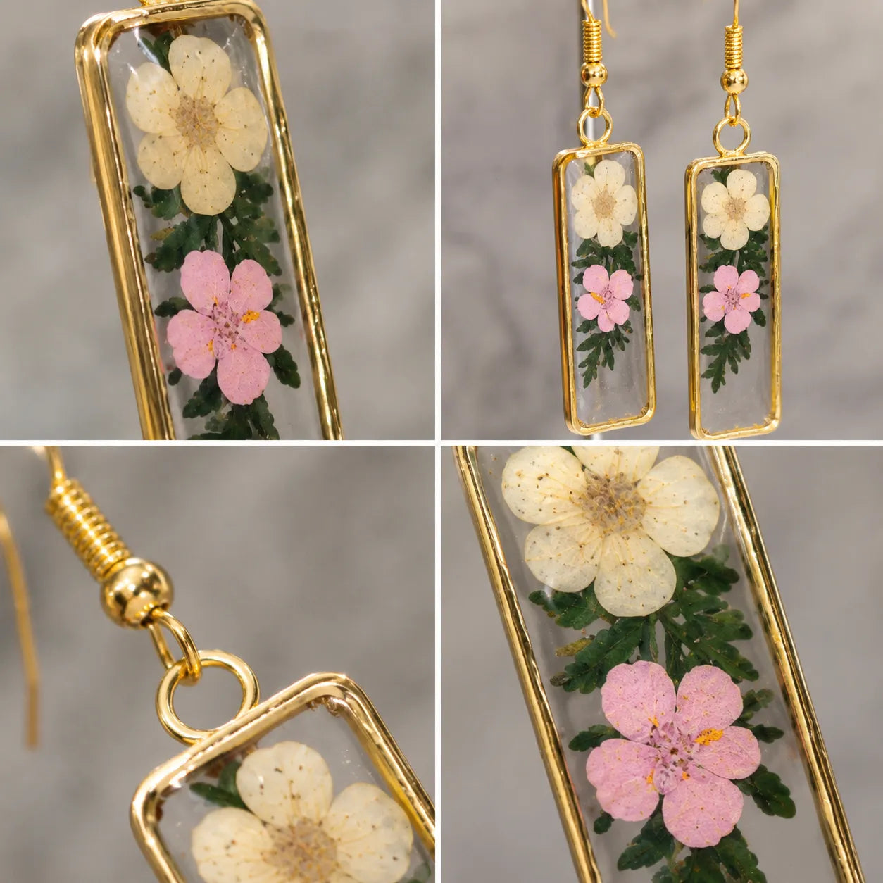Close-up collage of floral resin rectangle drop earrings with white and pink dried flowers, transparent glossy finish, and elegant gold border detailing