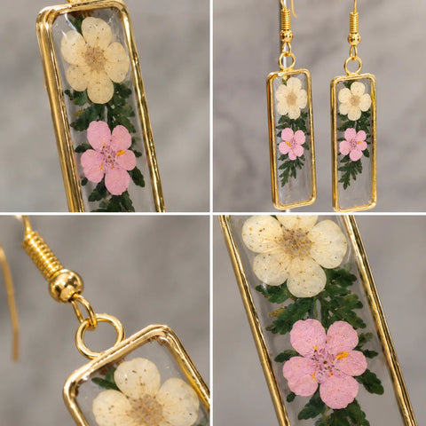 Close-up collage of floral resin rectangle drop earrings with white and pink dried flowers, transparent glossy finish, and elegant gold border detailing