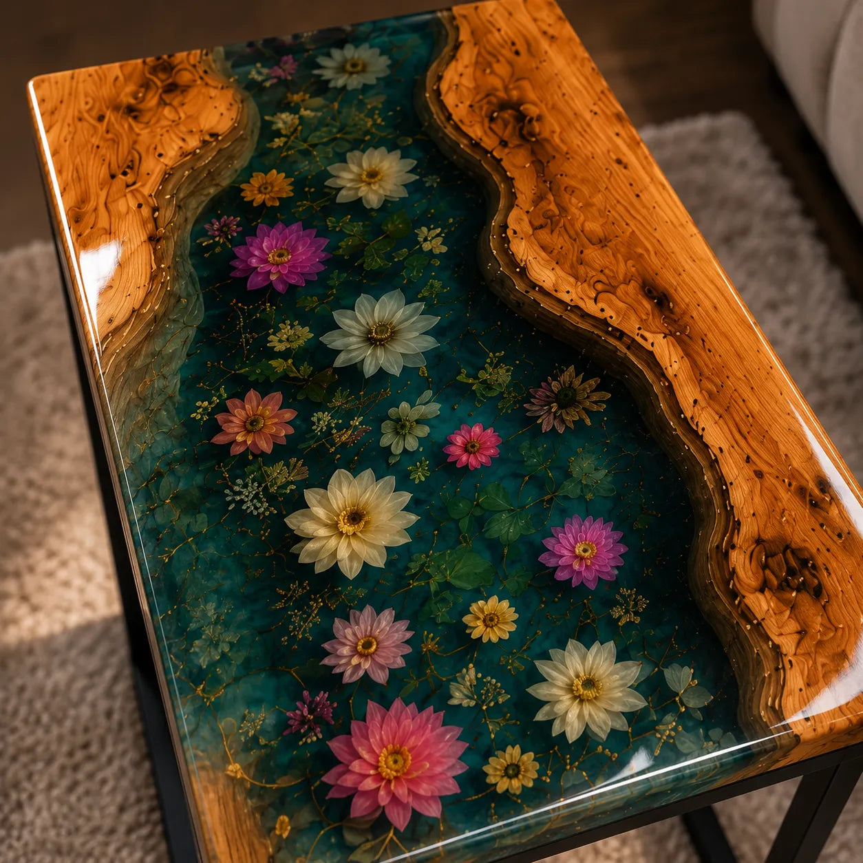 Table with floral design and wooden edge