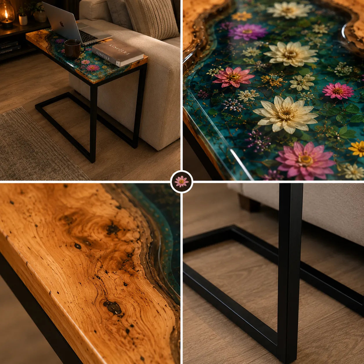 Collage of a floral resin table in a living room setting