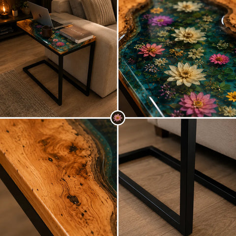 Collage of a floral resin table in a living room setting