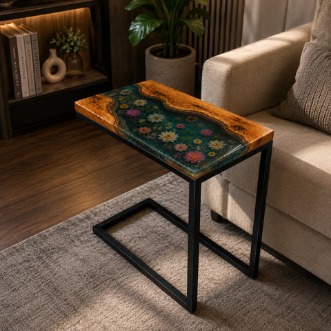 Decorative side table with floral design in a living room setting