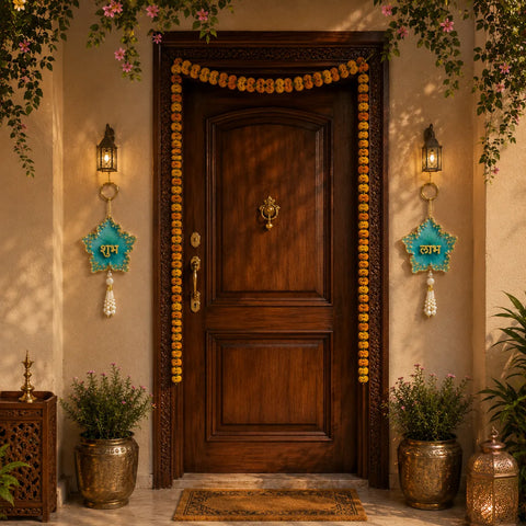 Decorative entrance with wooden door, wall lights, and plants.