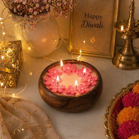Decorative Diwali candle with flowers, framed 'Happy Diwali' card, and decorative items on a table.