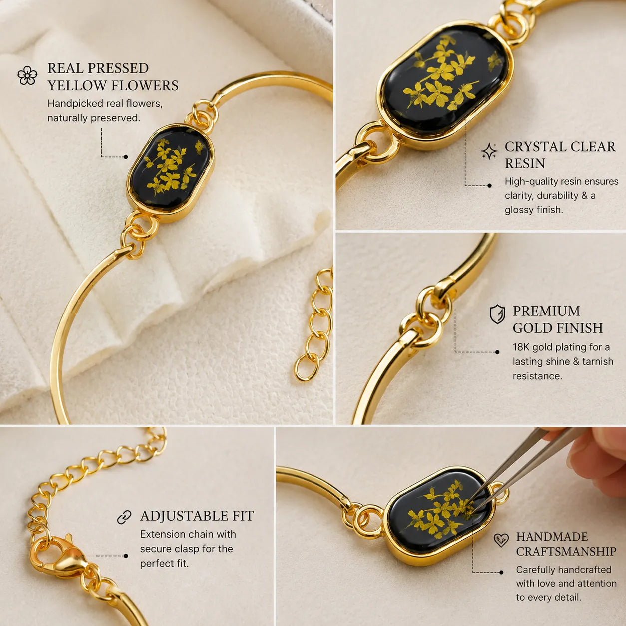 Gold bracelet with embedded yellow flowers on a beige background