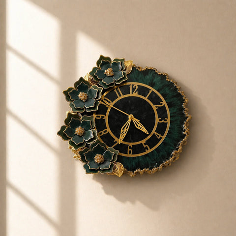 Decorative wall clock with floral design on a beige wall
