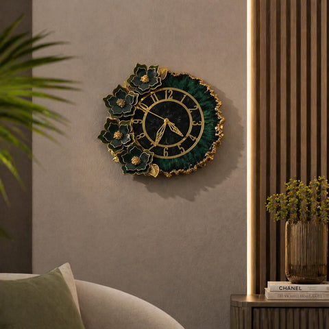 Decorative wall clock with floral design on a wall in a room setting.