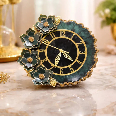 green floral resin wall clock with gold frame and Roman numbers, luxury decorative home decor clock design