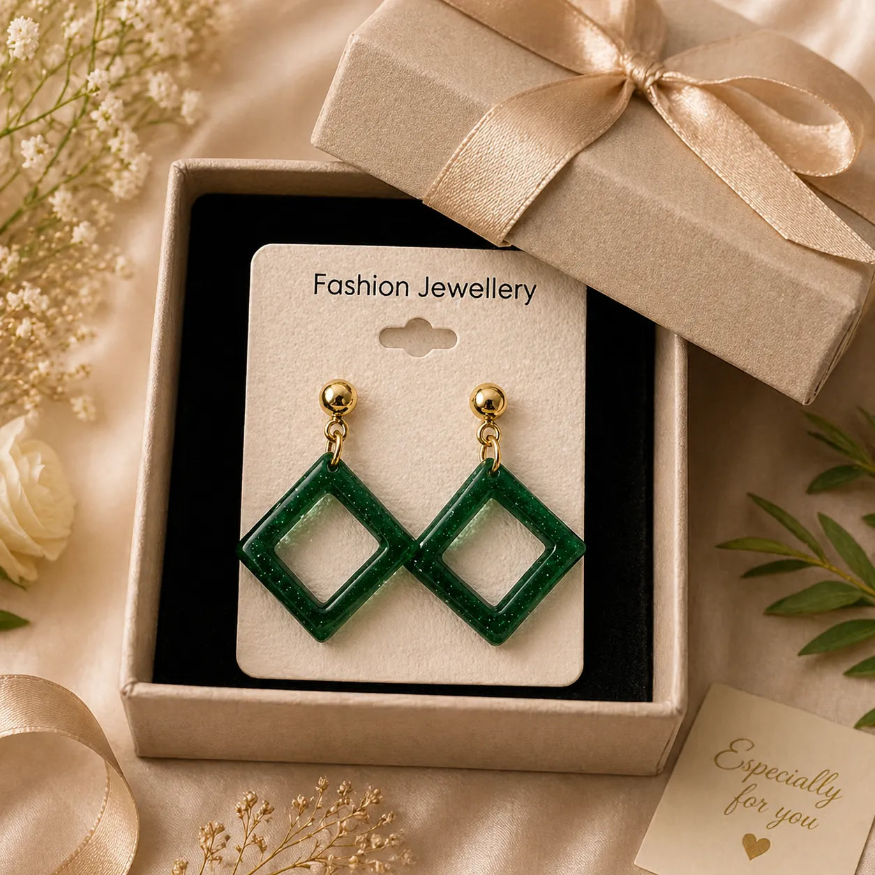 green glitter diamond shape drop earrings in gift box packaging stylish fashion jewellery image