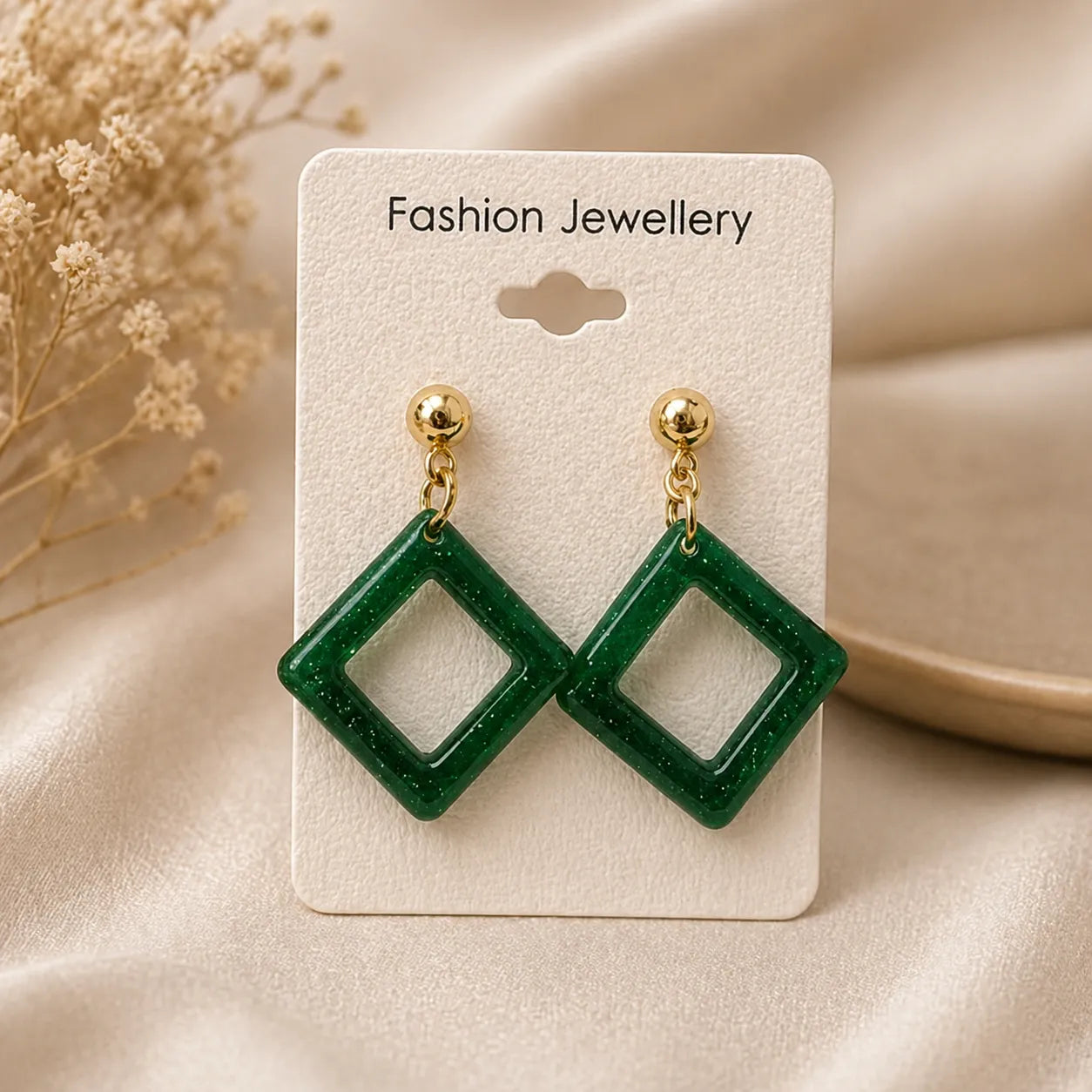 green glitter diamond shape drop earrings with gold studs displayed on card trendy fashion jewellery image