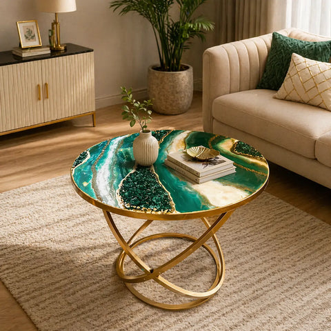 Decorative coffee table with green and gold design in a living room setting