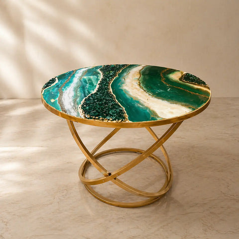 Premium round green resin coffee table with marble design and gold metal base for modern living room décor