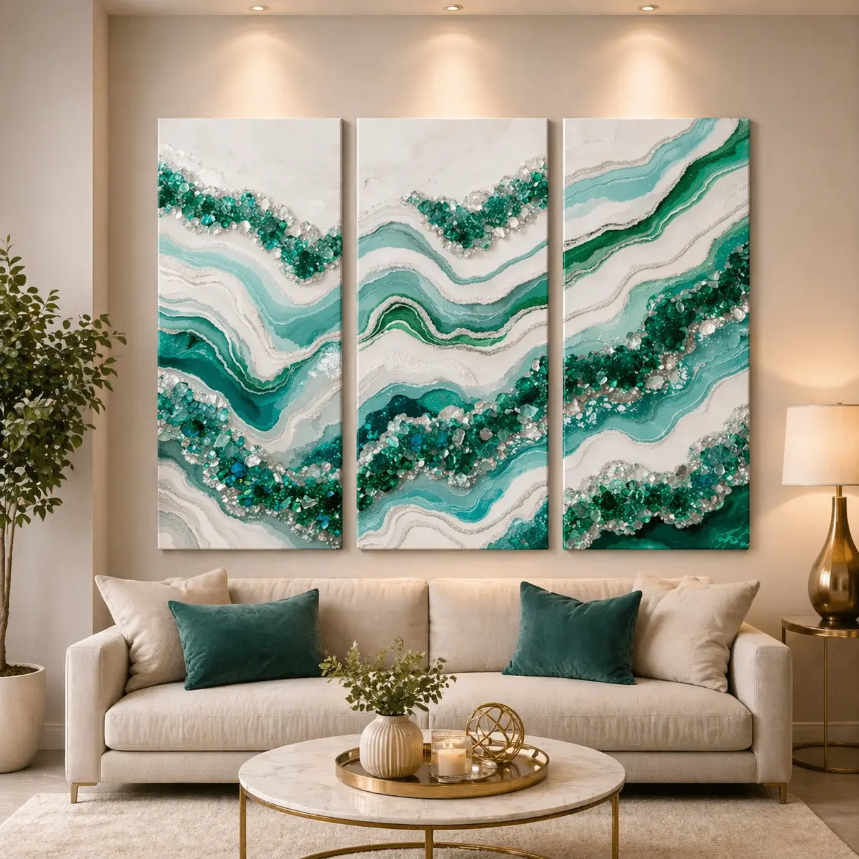 Modern living room with a beige sofa, decorative pillows, and a large abstract art piece on the wall.