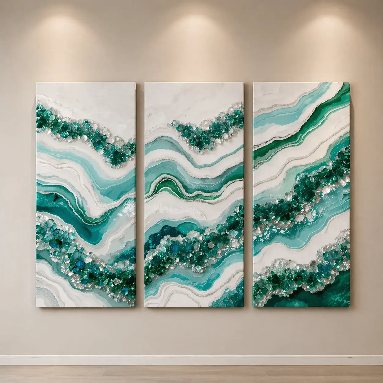 Abstract green resin wall art set of 3 panels with agate-inspired design, featuring layered textures and crystal detailing for modern home decor