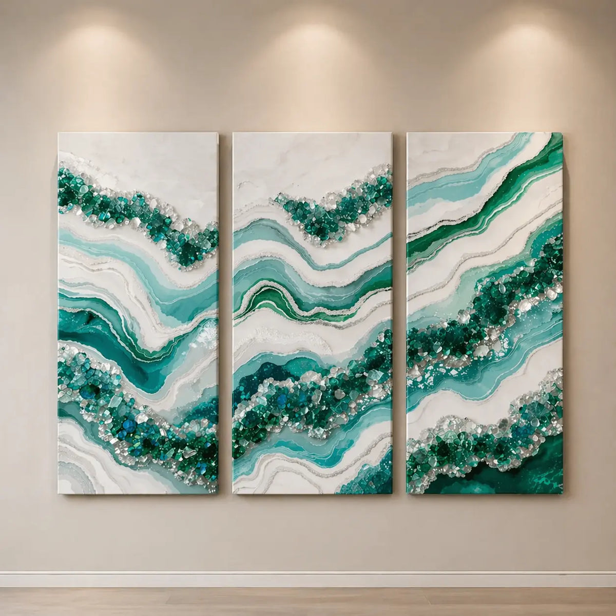 Abstract green resin wall art set of 3 panels with agate-inspired design, featuring layered textures and crystal detailing for modern home decor