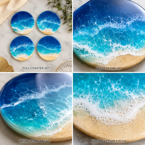 Set of coasters with ocean wave design on a white surface.