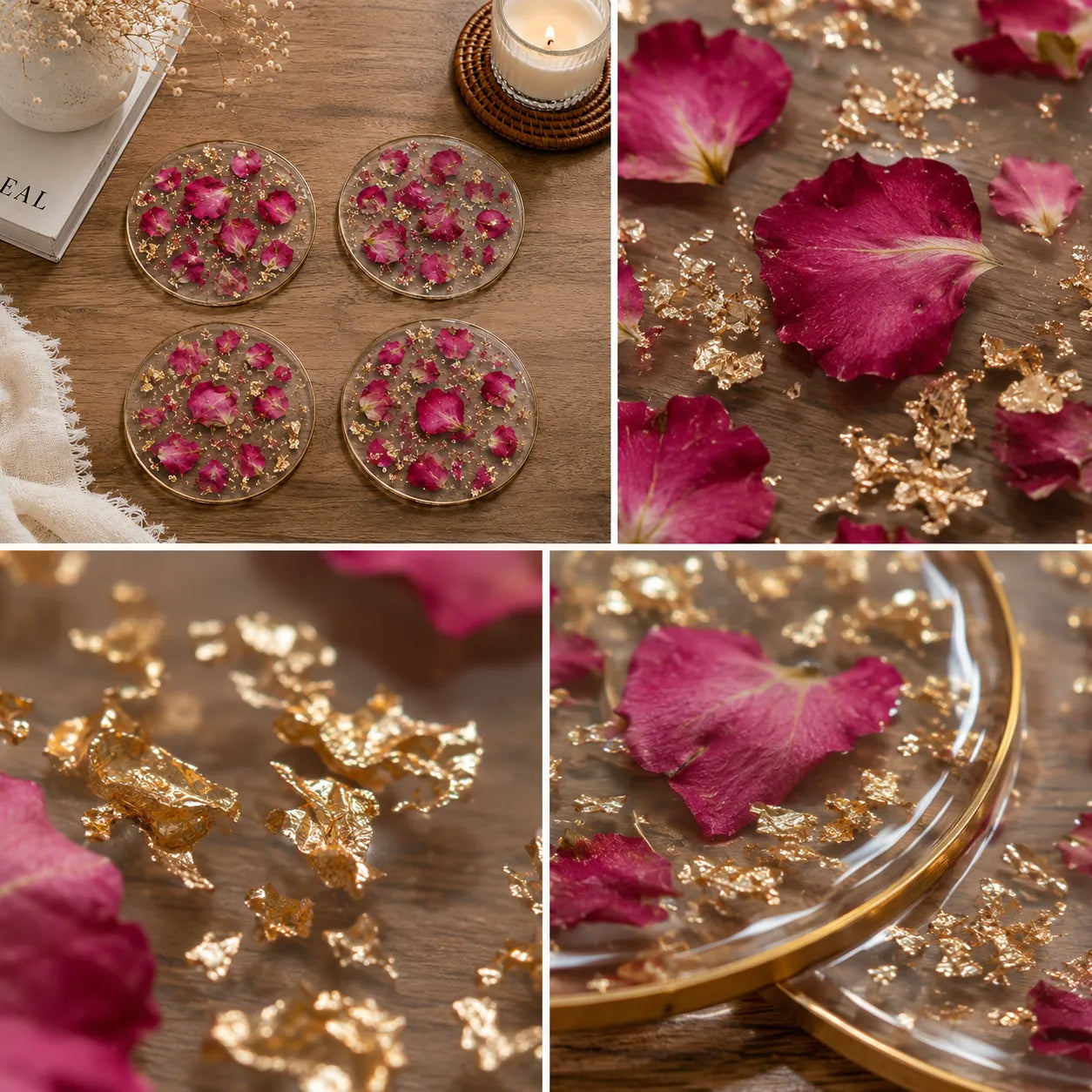 Collage of decorative coasters with pink petals and gold accents on a wooden surface.