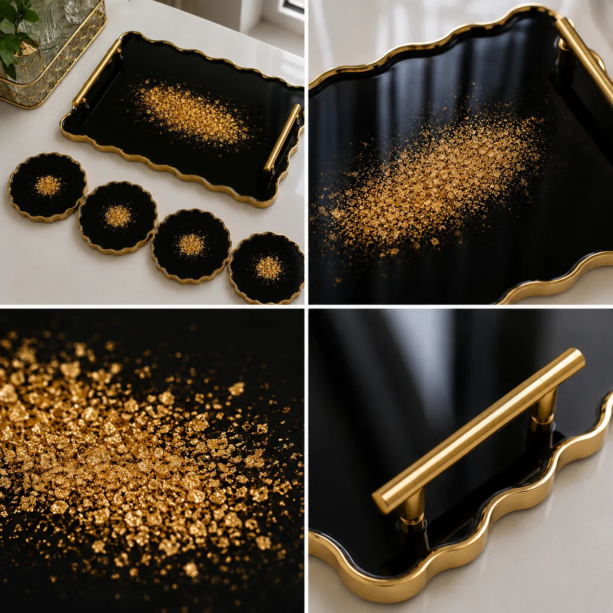 Black tray with gold accents on a white surface