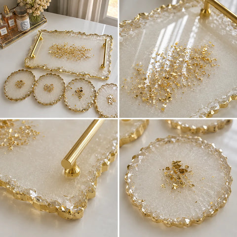 Set of decorative trays with gold accents on a white surface