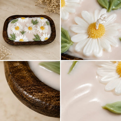 Collage of a decorative soap with daisy flowers on a wooden base.