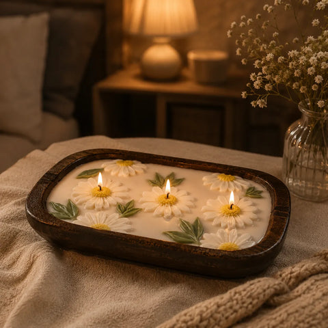 Decorative tray with floating candles and flowers on a soft surface, with a warm and cozy ambiance.